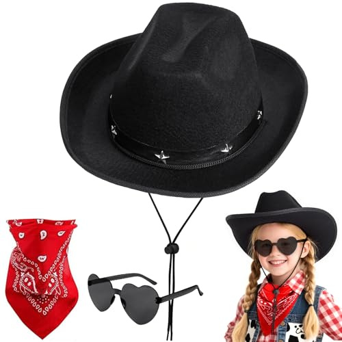 AUYAO CowboyHut Kinder 3PC Westernhut Jungen Cowboyhüte Mädchen | Rockstar Randlose Hippie Herzförmige Brille Halstuch Wilder Westen Party Brillen Geburtstagsfeier Fasching Karneval Cosplay