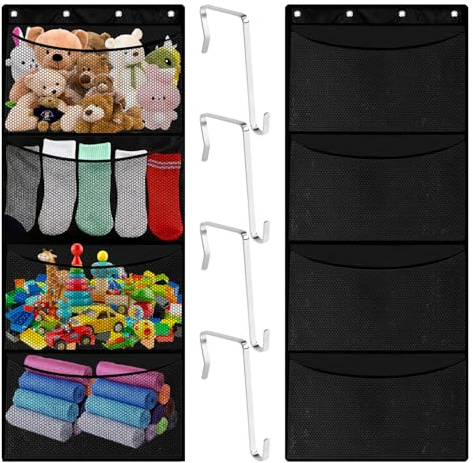 Msauifncp 2 Stück Tür Organizer Hängend mit 4 S-förmigen Haken Schwarze | Organizer Hängend mit 4 Netztaschen, Türorganizer Hängeorganizer für die Kuscheltier Aufbewahrung im Schlafzimmer Wohnzimmer