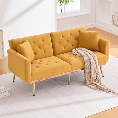 Arhatreya 2 Sitzer Sofa Gästesofa Modern Couch, 2er Sitzsofa mit Sofakissen und Verstellbarer Rückenlehne, Zweisitzer Polstersofa für Wohnzimmer Schlafzimmer Wohnung Gästezimmer, Samtstoff, Gelb