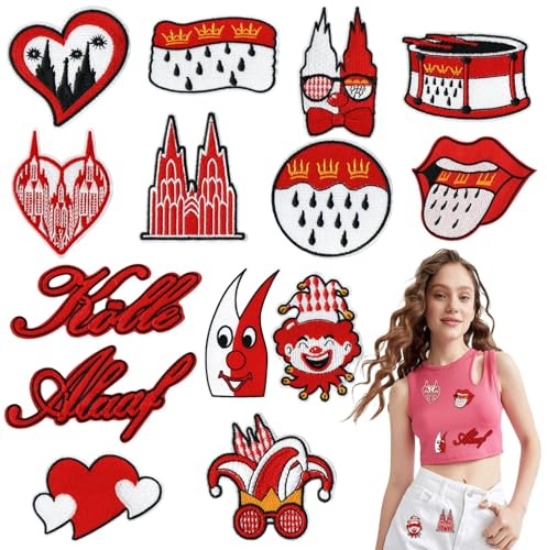 14 Stück Kölner Bügelbilder Karneval Rot Weiß Bügelflicken, Bügelbilder Köln Karneval zum Annähen oder Aufbügeln für Karnevalskostüme Kleidung Accessoires Jeans Hüte Basteln Perfekt