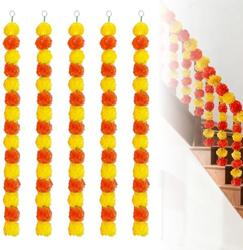 Wihozte 5Pcs Artificial Marigold Garland for Diwali Decorations, 5Ft 150cm Faux Marigold Flowers Garland in Yellow & Orange, Ideal for Home Indian Pooja Wedding Easter Halloween Hanging Decor