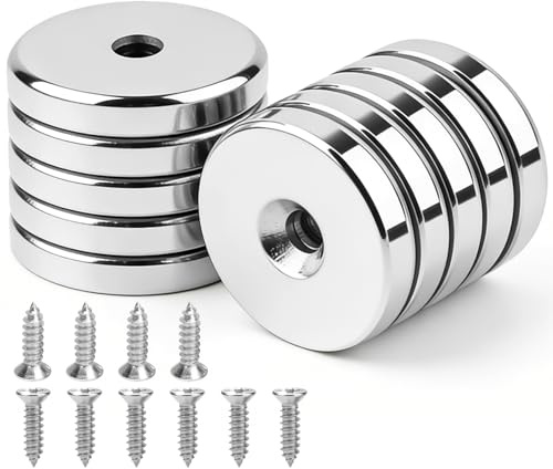 10 Stück Neodym Magnete Extra Stark 32mm, Magnete Stark mit Loch, Topfmagnet mit 36KG Kraft und Schrauben, Rund Magnet zum Anschrauben für Küche, Büro, Werkstatt und Haushalt