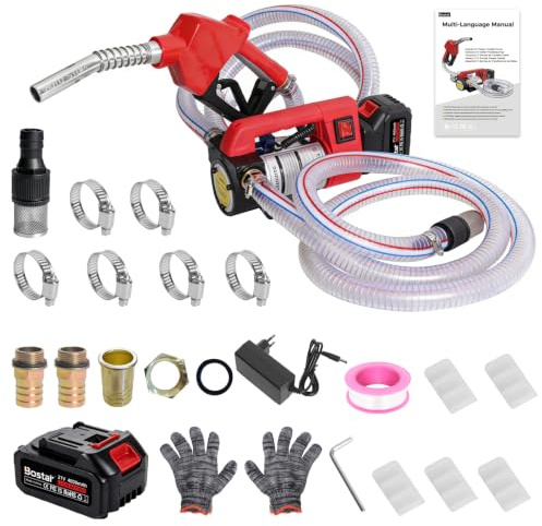 Bostar Pompa Travaso Gasolio 21V (Compatibile Makita), 45L/min Pompa Elettrica Autoadescante (5m) & Prevalenza 10m, Kit con Pistola Automatica & 5 Palette di Ricambio, per Trattore (Agricolo) & Stufe