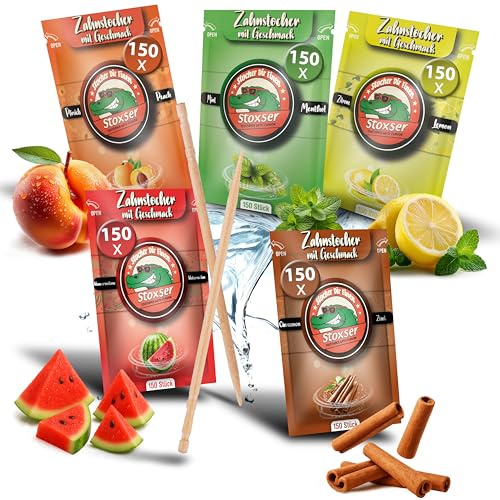 Stoxser 750x Zahnstocher mit Geschmack 5er Pack Zimt und Wassermelone und Pfirsich und Mint/Menthol und Zitrone/Lemon Geschmacksrevolution Zahnstocher Geschmack Kein Kaugummi Zuckerfrei