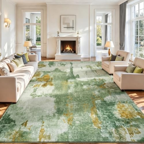 Homcomodar Area Rugs for Living Room 160x230cm Green Non-slip Washable Rug Thin Modern Abstract Living Room Rug Low Pile Faux Wool Floor Carpet for Bedroom Home Office Kitchen Dining Room