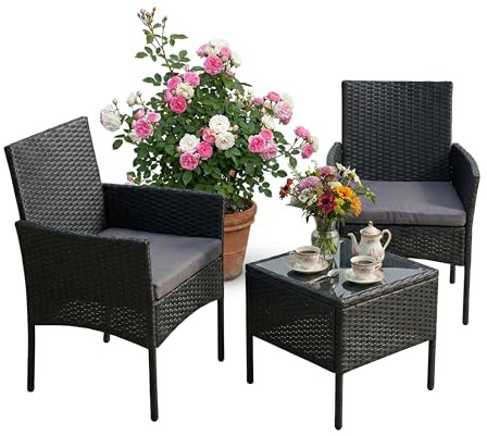 Relaxdays Gartenmöbel Set, 3-TLG. Rattan Sitzgruppe, 2 Personen, 2X Sessel & Glastisch, Loungemöbel, Outdoor, schwarz