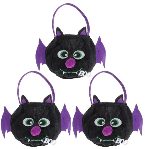 GALPADA 3 Pezzi Borsa per Caramelle di Halloween di Pile Grande Capacità, Facile e Comoda da Portare, Design a Pipistrello Nero Cartoon per Feste di Halloween