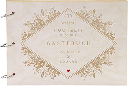 LAUBLUST Fotoalbum & Gästebuch aus Holz personalisiert mit Gravur - Florale Raute Motiv | natur, A4 Format - Geschenk zur Hochzeit
