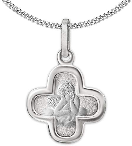 CLEVER SCHMUCK Kinder Damen Halskette Kreuz Anhänger mit Engel 11 mm gleichschenklig abgerundet Rückseite Gott schütze Dich Kette Panzer 42 cm Sterling Silber 925 im Schmucketui