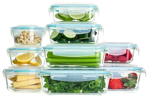 Homiu Glass Food Containers with Lids - 9 Pack Airtight Meal Prep Glass Containers - BPA Free & Leak Proof - Reusable Microwave, Freezer Oven Safe Lunch Box - Glass Food Storage Containers