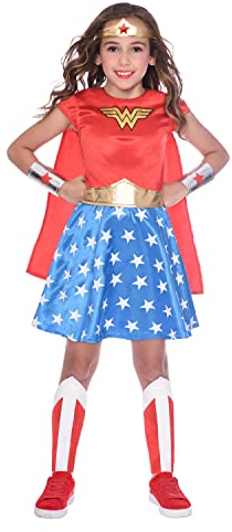 Amscan - Kinderkostüm Wonder Woman, Kleid, Umhang, Arm- und Beinstulpen, Stirnband, DC Super Heroes, Motto-Party, Karneval