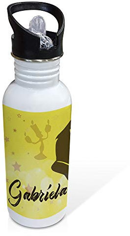 LolaPix Botella personalizada. Regalos personalizados para fans. Botella acero inoxidable. Libre BPA. Capacidad 600ml. Botella Straw Stop. BELLA Y BESTIA