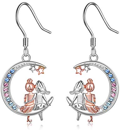 Mond Ohrhänger Mädchen, 925 Sterling Silber hängende Ohrringe, Schwester Design, hypoallergen Schmuck Geburtstagsgeschenke für Damen (Schwestern 02)