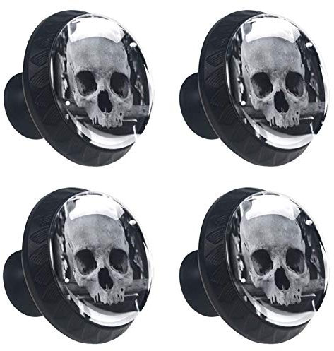 Lot de 4 boutons de porte ronds à trou unique de 30 mm avec vis pour meubles, armoire, placard, tiroir, tête de mort