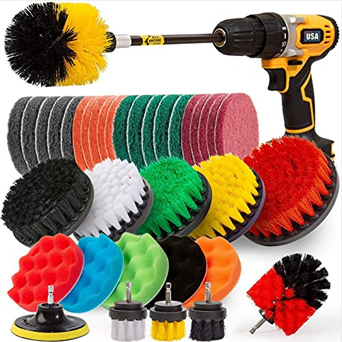 37 Stück Bürstenaufsatz Bohrmaschine Set,Power Scrubber Bohrer Bürstenkit mit Peeling Pad Schwamm Polierkissen für Badezimmer Dusche, Teppichreinigung, Mörtelwäsche und Fliesenreinigung