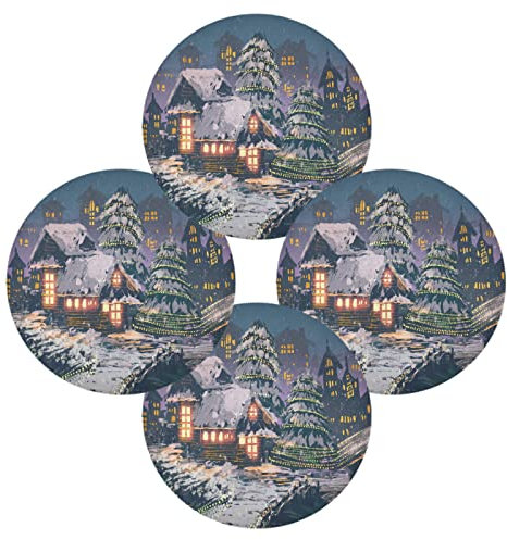 Holzhäuser mit Weihnachtslichtern Runde Tischsets Set von 1 Polyester Hitzebeständigkeit Rutschfest Waschbar Tischmatten für Zuhause Küche Urlaub Hochzeit Party