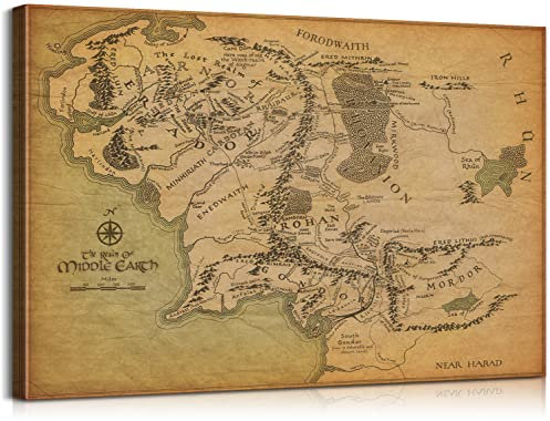 Herr der Ringe Landkarte, Wandkunst Mittelerde, Karte auf Leinwand, Wandkunst, Herr der Ringe, Karte, Poster, Karte der Mittelerde, Dekoration, Wandkunst für Zuhause, fertig zum Aufhängen (61x91 cm)