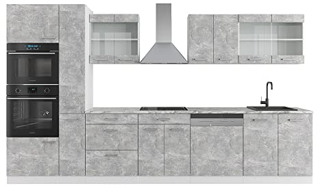 Vicco Küchenzeile R-Line, Beton/Weiß, 350 cm mit Hochschrank, AP Marmor