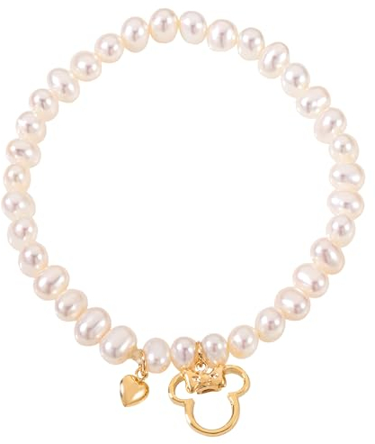 Disney Minnie Armband 375er Gelbgold mit Süßwasserperle für Mädchen, Länge 11,5 cm, mit 9 KT Gelbgold, Schmuck Disney