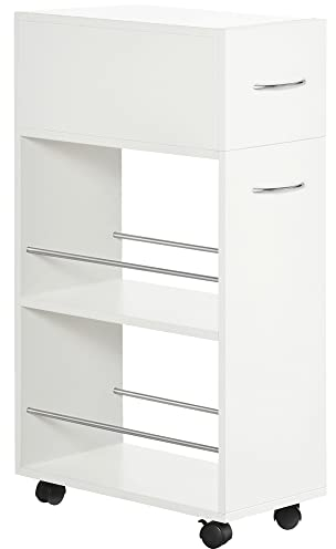 HOMCOM Carrito de Cocina Carrito Verdulero con 1 Cajón y 2 Estantes Abiertos Carro Auxiliar con Ruedas para Comedor Salón Baño 25x50x85 cm Blanco