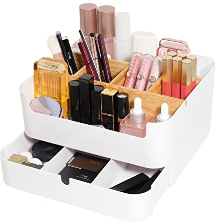 hleo® Make Up Organizer, Schminke Aufbewahrung, Schminkbehälter, Hochwertiger Multifunktionaler Bambus Kosmetikbox mit 6 Fächern und 1 Schublade, Anti-Rutsch Aufbewahrungsbox