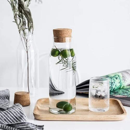 URMAGIC Clear Glass Carafe with Cork Stopper,750ml Glass Pitcher with 2 Pcs Glass Cups(230ml),Bedside Water Carafe Set,Water Pitcher with Cups,Bedside Set,Tea Juice Carafe