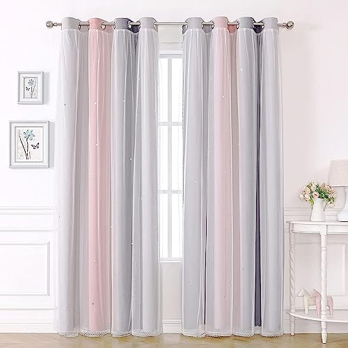 KAHEAUM Rideaux occultants à œillets pour salon, chambre d'enfant - Rideaux thermiques insonorisés pour l'hiver - 2 panneaux - 132,1 x 160 cm - Rose et gris
