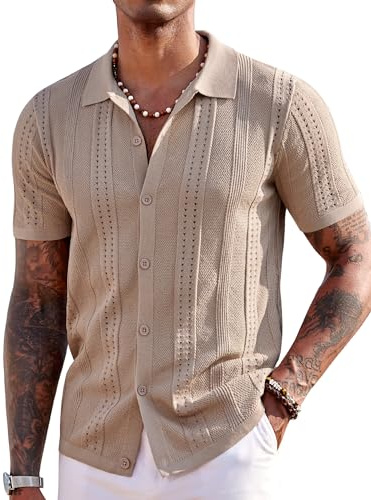 Coofandy Herren-Strickhemden, kurzärmelig, Button-Down-Poloshirt, modisch, lässig, Sommer, Strand-Shirt, Khaki, Mittel