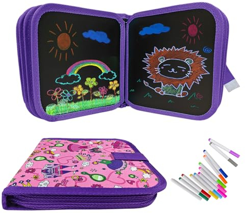 Funkprofi Malbuch für Kinder mit 12 Stiften, Malbuch Kinder ab 2, Reisespiele Kinder, Graffiti-Zeichenbrett, Graffiti-Buch, Wiederverwenderbar, Tragbar, Abwischbar, 14 Seiten (Prinzessin Schloss)