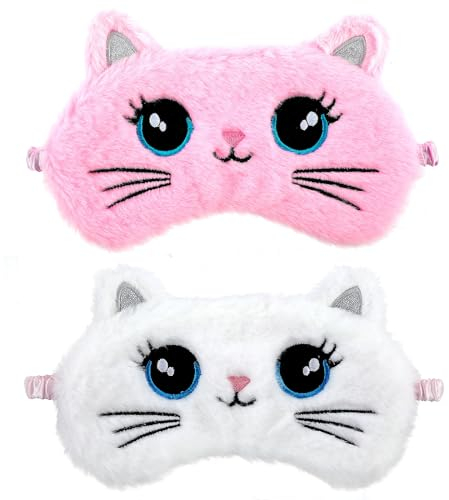 Lot De 2 Masques pour Les Yeux En Peluche Doux pour Dormir Bandeau pour Les Yeux Confortable Et Mignon Masque De Sommeil En Satin La Sieste pour Les Femmes Et Les Hommes (Style Chat Rose Et Blanc)