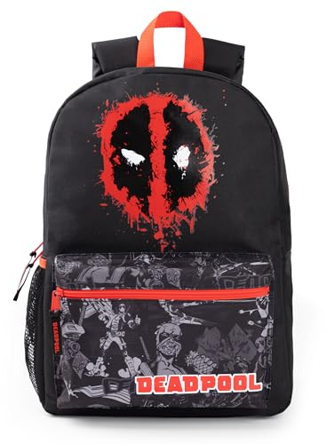 Marvel Deadpool Boys Zaino Nero e Rosso con Spallacci Regolabili | Supereroe Pratico & Organizzato Bagaglio Sport Zaino Scuola Per Bambini