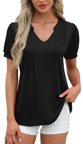 Amoretu Damen Oberteile Elegant V-Ausschnitt Plissee Bluse Mode Kurzarm Tunika Tops Schwarz XXL