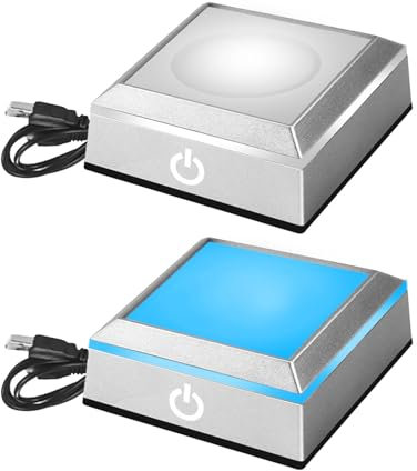 QENETY LED Light Base, Multicolor Square Show Stand Display Plate with Sensitive Touch Switch, 3D Crystal Light Base Light Up Display Stand (Silver Concave + Flat)
