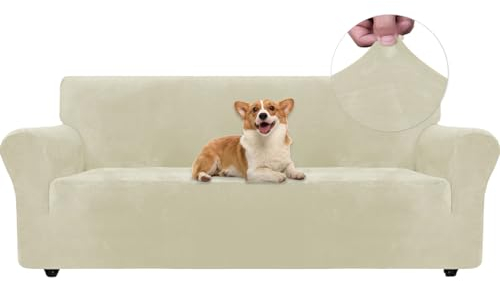 Ystyle Samt Sofabezug 3 Sitzer, Stretch Sofa Überzug, Sofaschoner rutschfest, Elastischer Couch Überzug, Sofa Cover Mit Armlehnen, Couchüberzüge Sofaschutz Katze Couch Überwurf, Beige