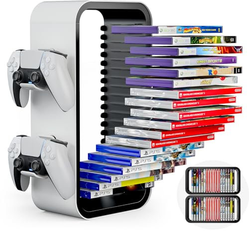 LYtech Video Game Storage Tower Universal Game Holder Rack for PS5/PS4/Xbox One/Xbox 360/Xbox Series X/S/Switch Game Cases, DVD and Blu-Ray Disks Organizer, Stores 19 Game, with 4 Controller Holders
