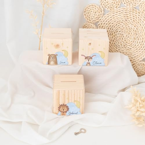 wunderwunsch® - Personalisierte Spardose Kinder aus Holz mit Metallschloss - Spardose mit Namen mit kinderfreundlichem UV-Druck zum Sparen für Kinderträume (Bär)
