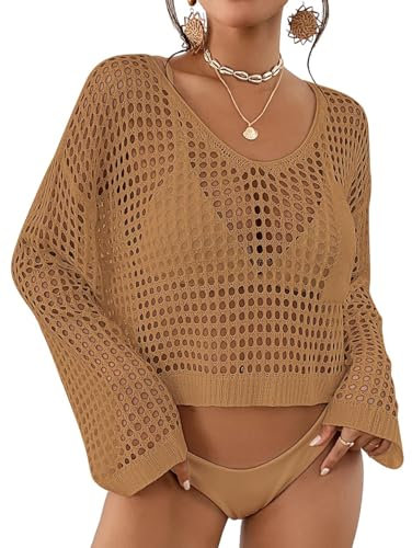 Bsubseach Womens Crochet Crop Top Beach Swimsuit Cover Up Long Sleeve Hollow Out Bathing Suit Cover Ups Summer Outfits Camel