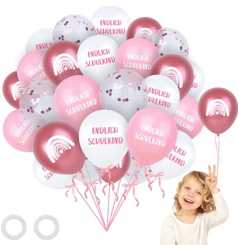28pcs Einschulung Luftballons Rosa Schulstart Deko, 2025 Schuleinführung Schulstart Party Dekoration mit Konfetti Luftballons, Schulkind Farbmix Latex Bunt Ballons für Schulanfang Jungen Mädchen