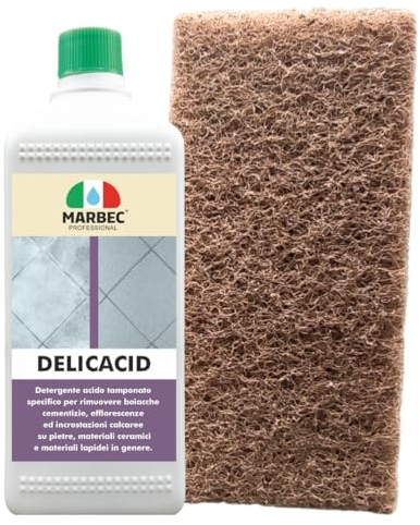 MARBEC DELICACID 1LT + TAMPONE MARRONE Detergente acido tamponato delicato per cotto klinker pietre e ceramica rimuove incrostazioni cementizie