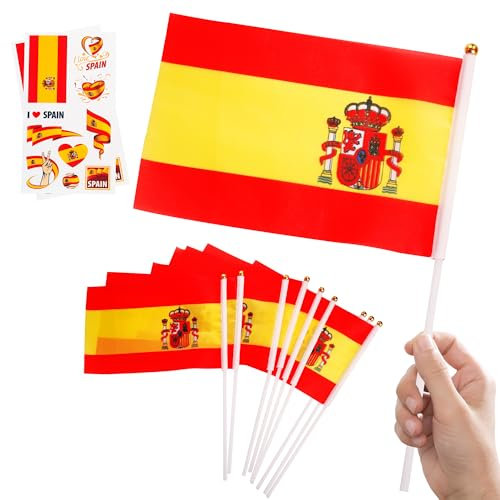 Lot de 10 petits drapeaux de l'Espagne sur bâtons et 2 tatouages temporaires, mini drapeaux espagnols sur bâtons pour football 2024, jeux sportifs, événements sportifs, décorations de fête