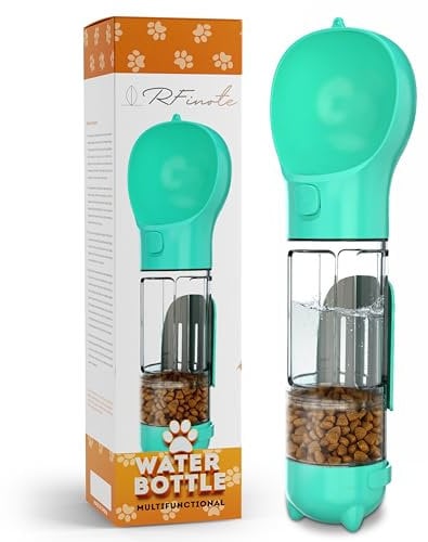 RFinote Dog Water Bottle - 300ml Pet Water Bottle with Garbage Collection Bag, Poop Shovel and Food Dispenser, Portable, Leak-Proof Water Feeder Ideal for Travel and Walking.