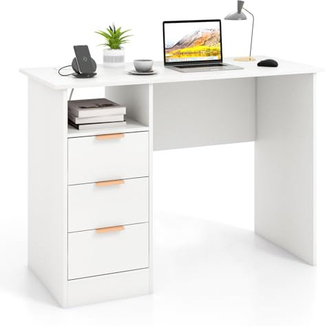 COSTWAY Computer Desk, Wooden Study Table Writing Workstation with Power Outlet, USB Ports, 3 Storage Drawers and Open Compartment, Modern PC Laptop Table Working Desk for Home Office Bedroom (White)