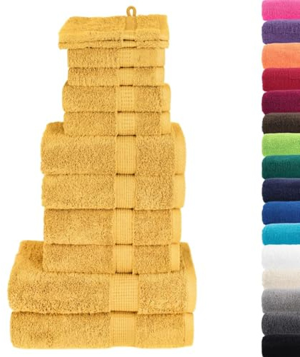 vidaXL Premium Handtuch Set 12-TLG., 2 Waschlappen 2 Seifentücher 2 Gästetücher 4 Handtücher 2 Duschtücher, Badetuch Saugfähig Maschinenwaschbar, Golden 600g/m² 100% Baumwolle
