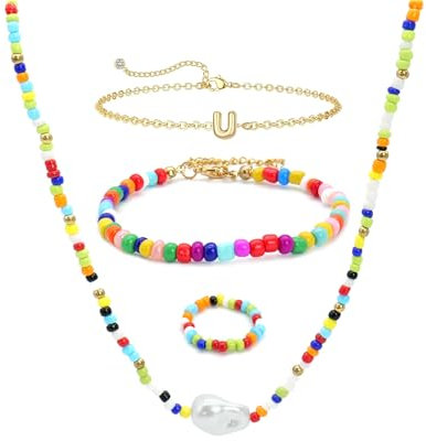 GUSXPPD Bunte Perlenkette, Tiny Bunte Kette, Regenbogen Samen Perlen Halskette, Halskette Bunte Perlen, Boho Strand Perlen Halsketten mit Süßwasserperlen Anhänger für Frauen (Multi-coloured U)