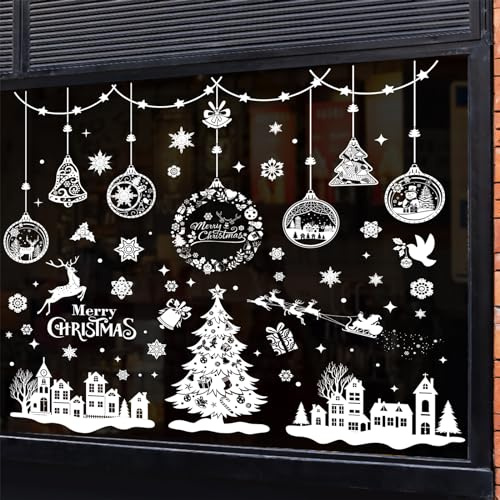 Weihnachten Fensteraufkleber, 244 Weihnachtsbaum Rentier Schneeflocken Haus Fensterbilder, Selbstklebend Weihnachten Fensterdeko für Partys Glasfenster Innen Außenbereich Heim Geschäft Schule