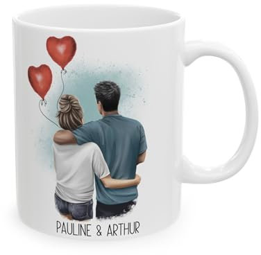 Taza personalizable con nombre e ilustración – Crea tu personaje, regalo original de San Valentín, declaración de amor, taza de café, té personalizado para parejas, idea de regalo, color blanco