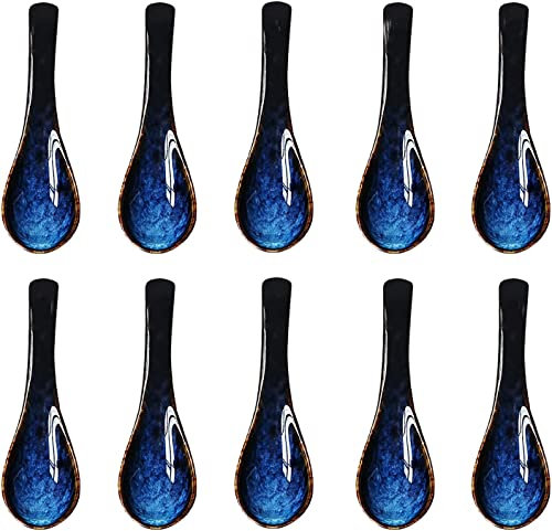 HONESTR Cucharas Chinas japonesas para Restaurante, cucharas de Sopa asiáticas de cerámica, Juego Azul de 10