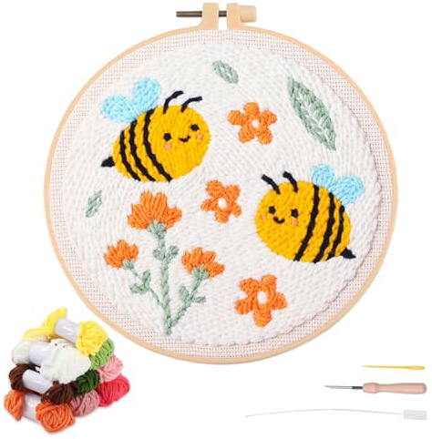 artcici Stanznadel-Set für Anfänger mit Tier-Bienen-Blumenmuster-Werkzeug und Garn, einfaches Sticken, Teppich-Haken-Set (Biene)