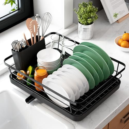 Kitsure Egouttoir Vaisselle Cuisine - Egoutoire Compact et Gain de Place, Seche Vaisselle en Acier Inoxydable avec Porte-Couverts, 29,0 x 38,1 x 12,7 cm, Noir