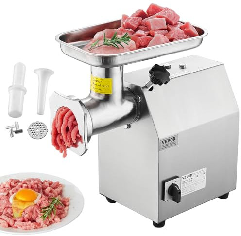 VEVOR Hachoir à Viande Électrique Commercial Capacité 4,2 kg/min, Hachoir Électrique de Comptoir, Poussoir à Saucisses avec Lame et Plaque de Broyage, en Acier Inoxydable, pour Cuisine et Restaurant